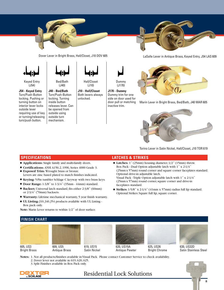 Residential lock solutions, Specifications latches & strikes, Finish chart | Schlage Dexter Residential Lock User Manual | Page 9 / 12