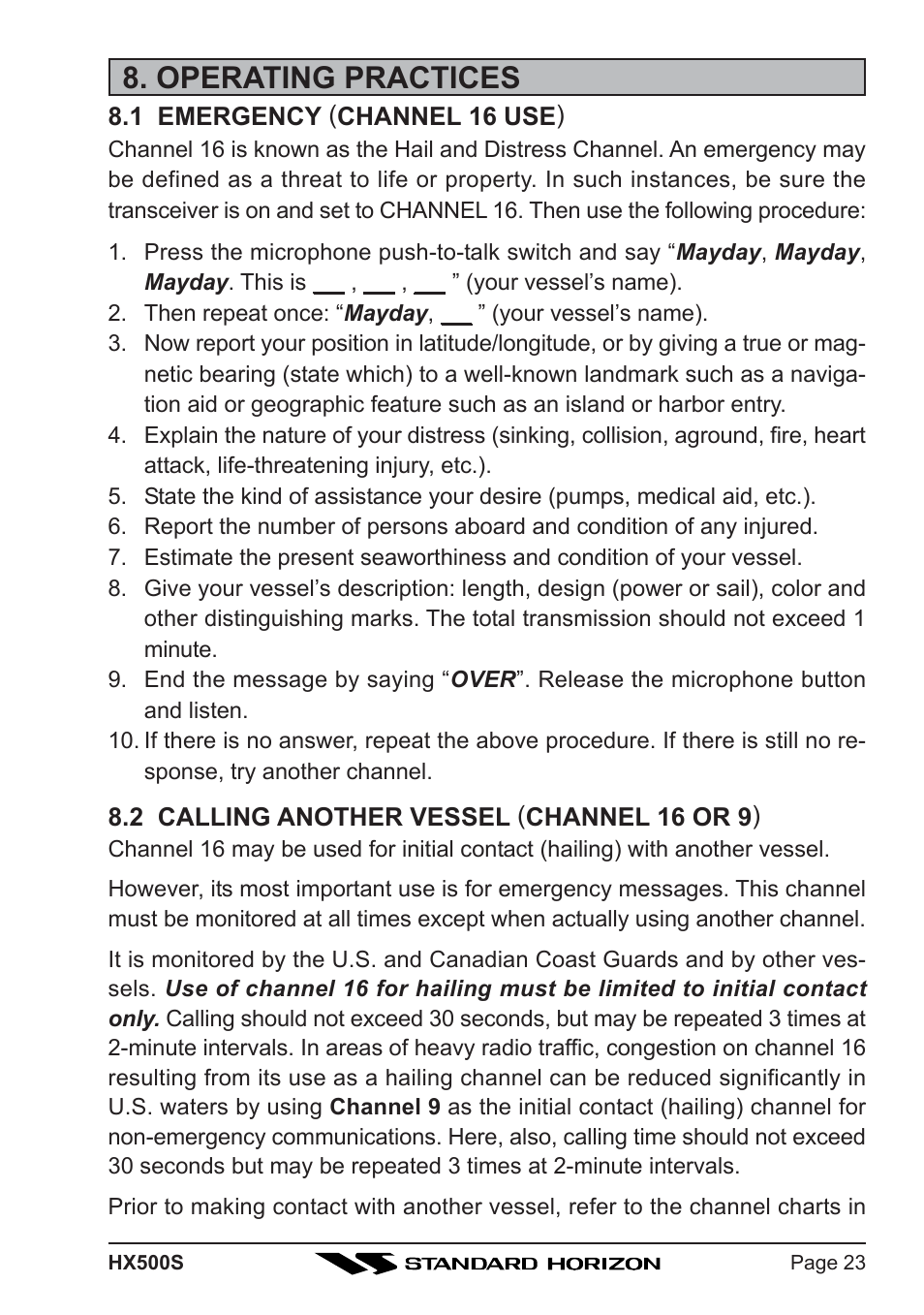 Operating practices | Standard Horizon Hx500s User Manual | Page 25 / 44