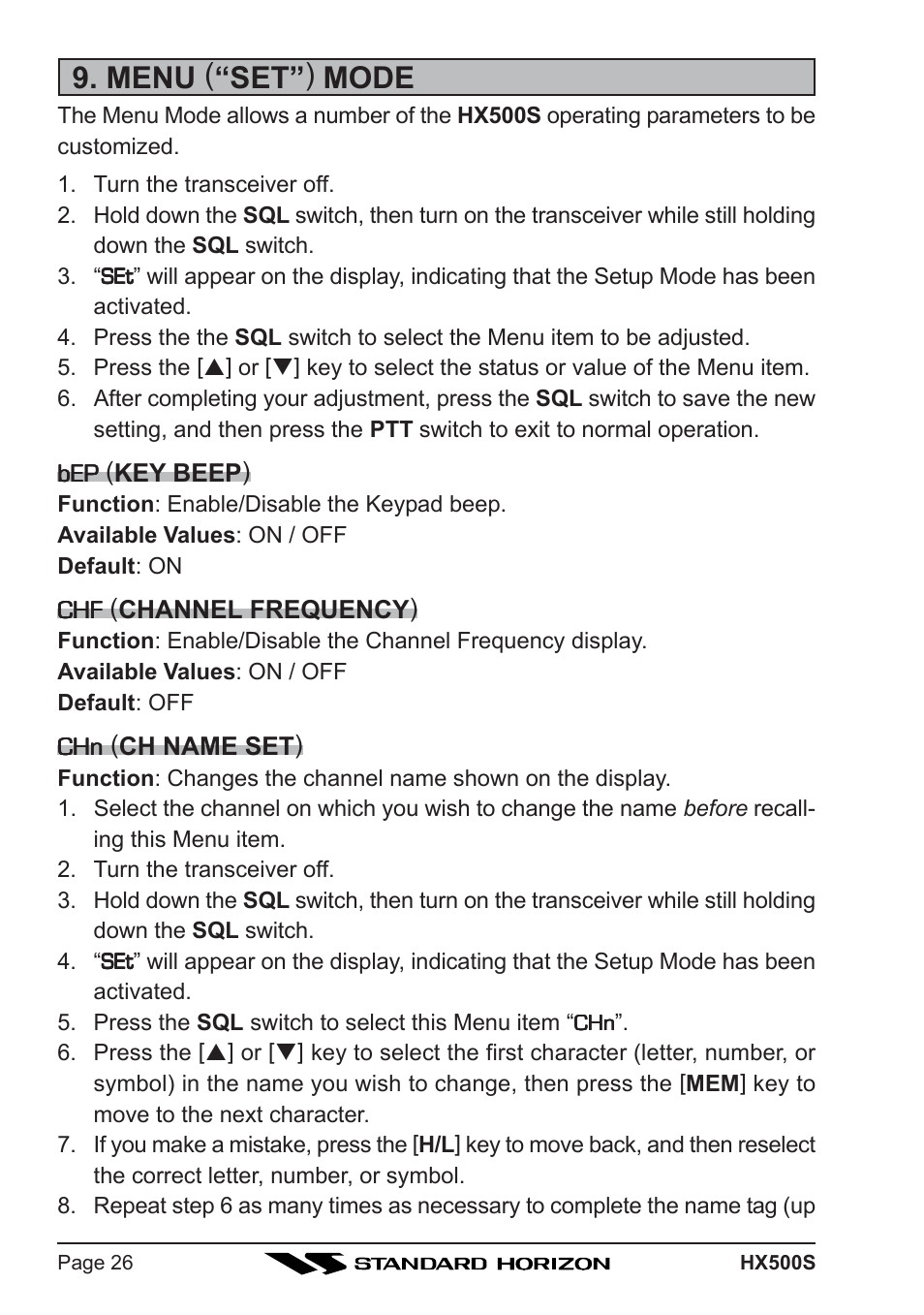 Menu ( “set” ) mode | Standard Horizon Hx500s User Manual | Page 28 / 44