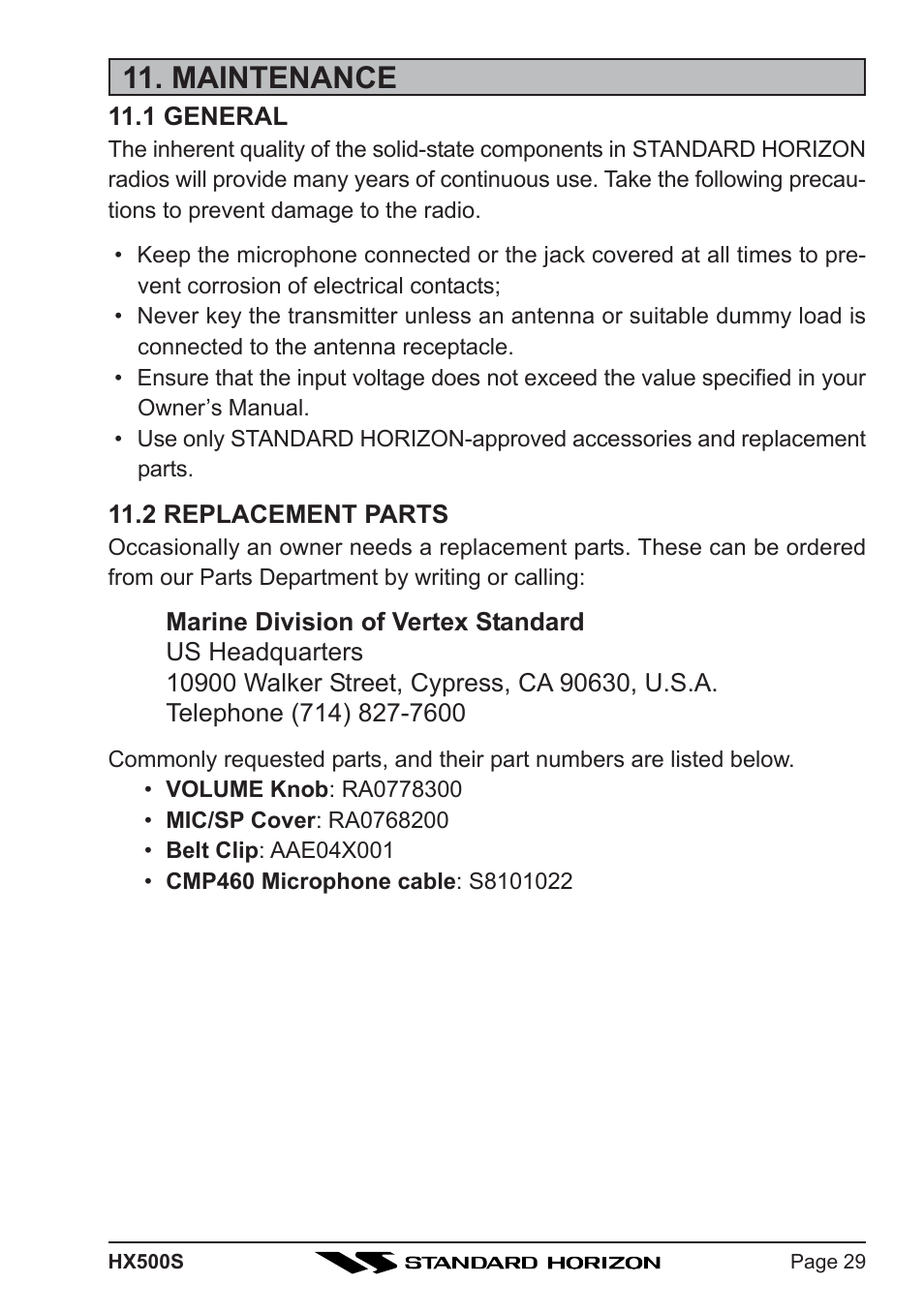 Maintenance | Standard Horizon Hx500s User Manual | Page 31 / 44