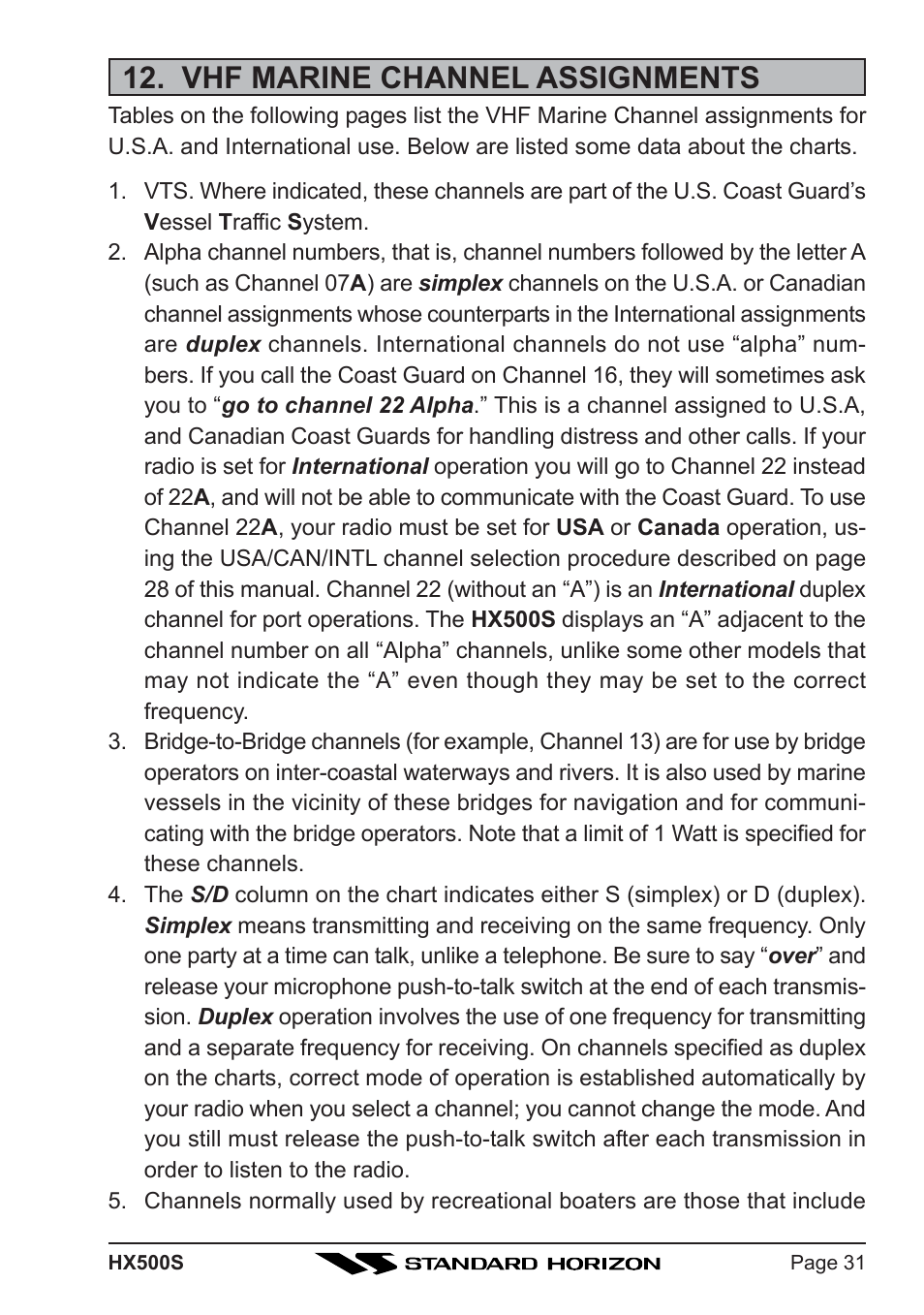 Vhf marine channel assignments | Standard Horizon Hx500s User Manual | Page 33 / 44