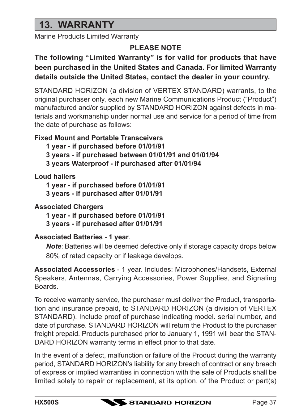 Warranty | Standard Horizon Hx500s User Manual | Page 39 / 44