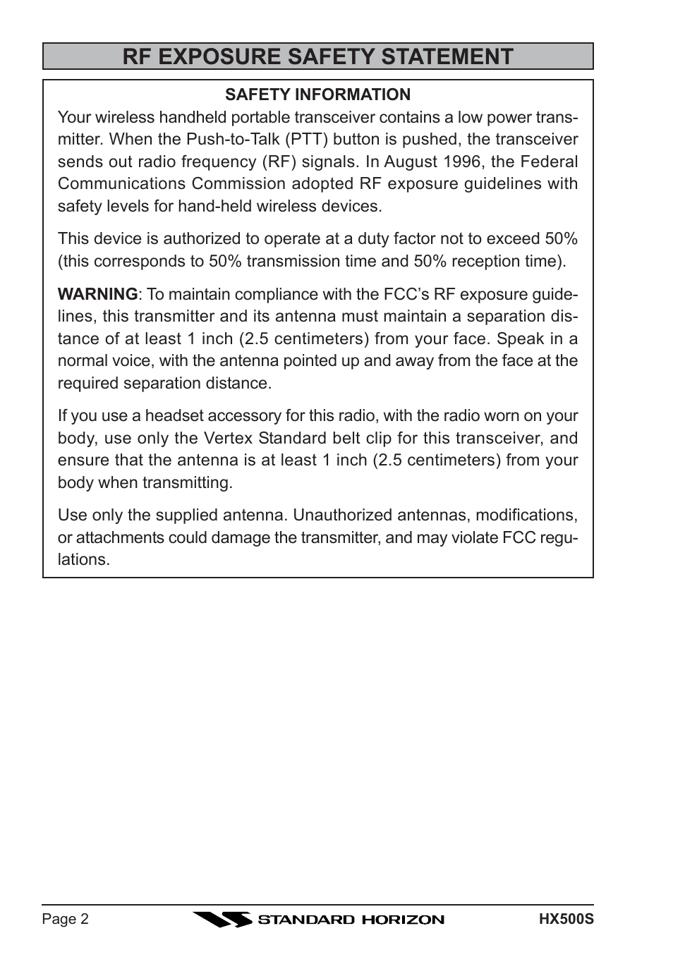 Rf exposure safety statement | Standard Horizon Hx500s User Manual | Page 4 / 44