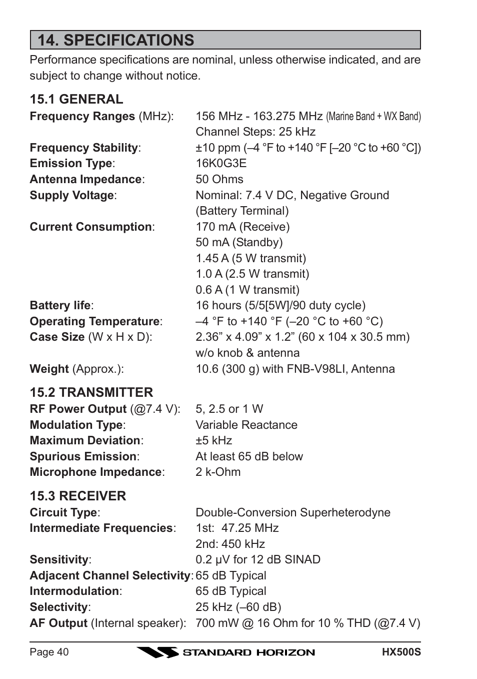 Specifications | Standard Horizon Hx500s User Manual | Page 42 / 44