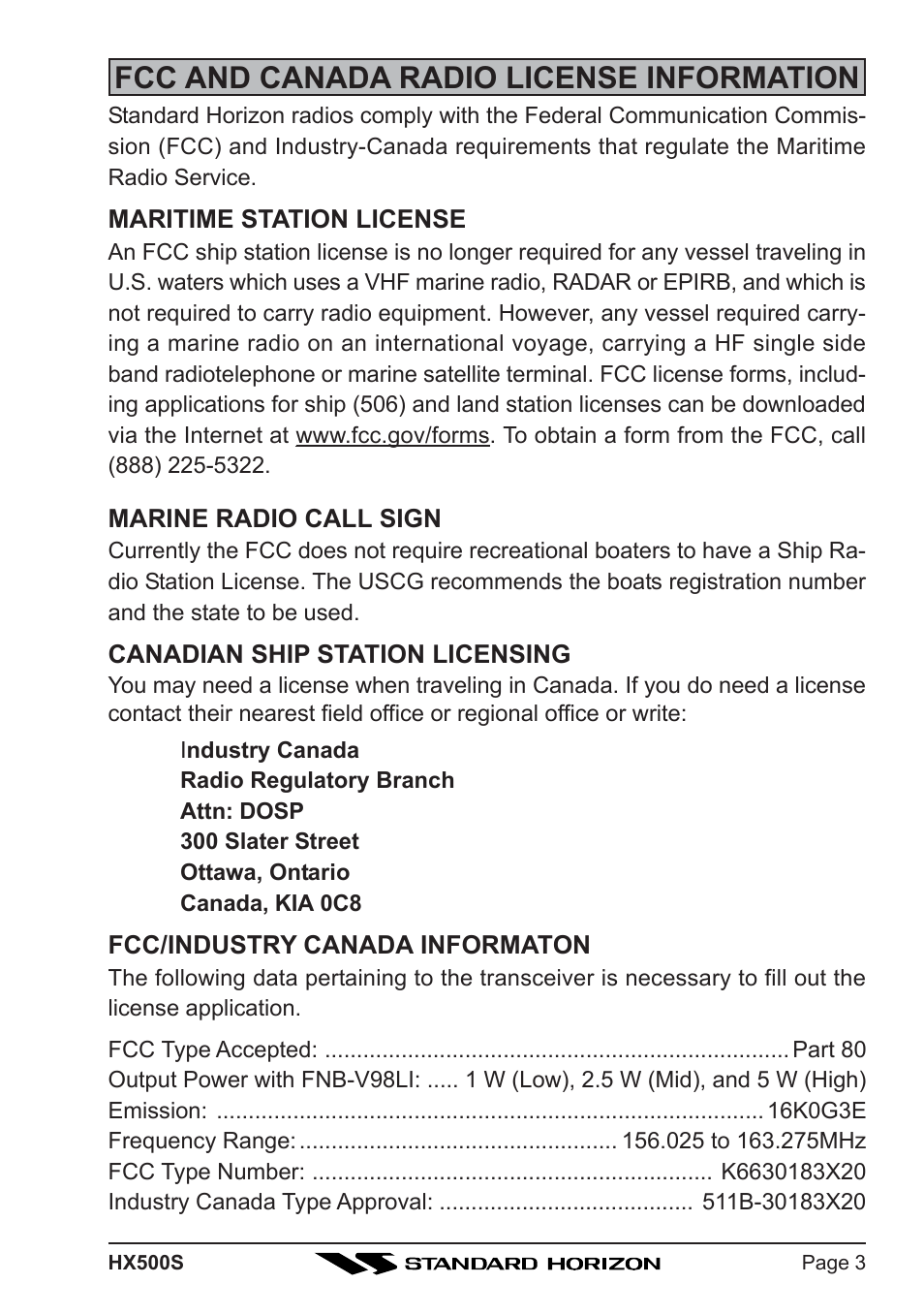 Fcc and canada radio license information | Standard Horizon Hx500s User Manual | Page 5 / 44