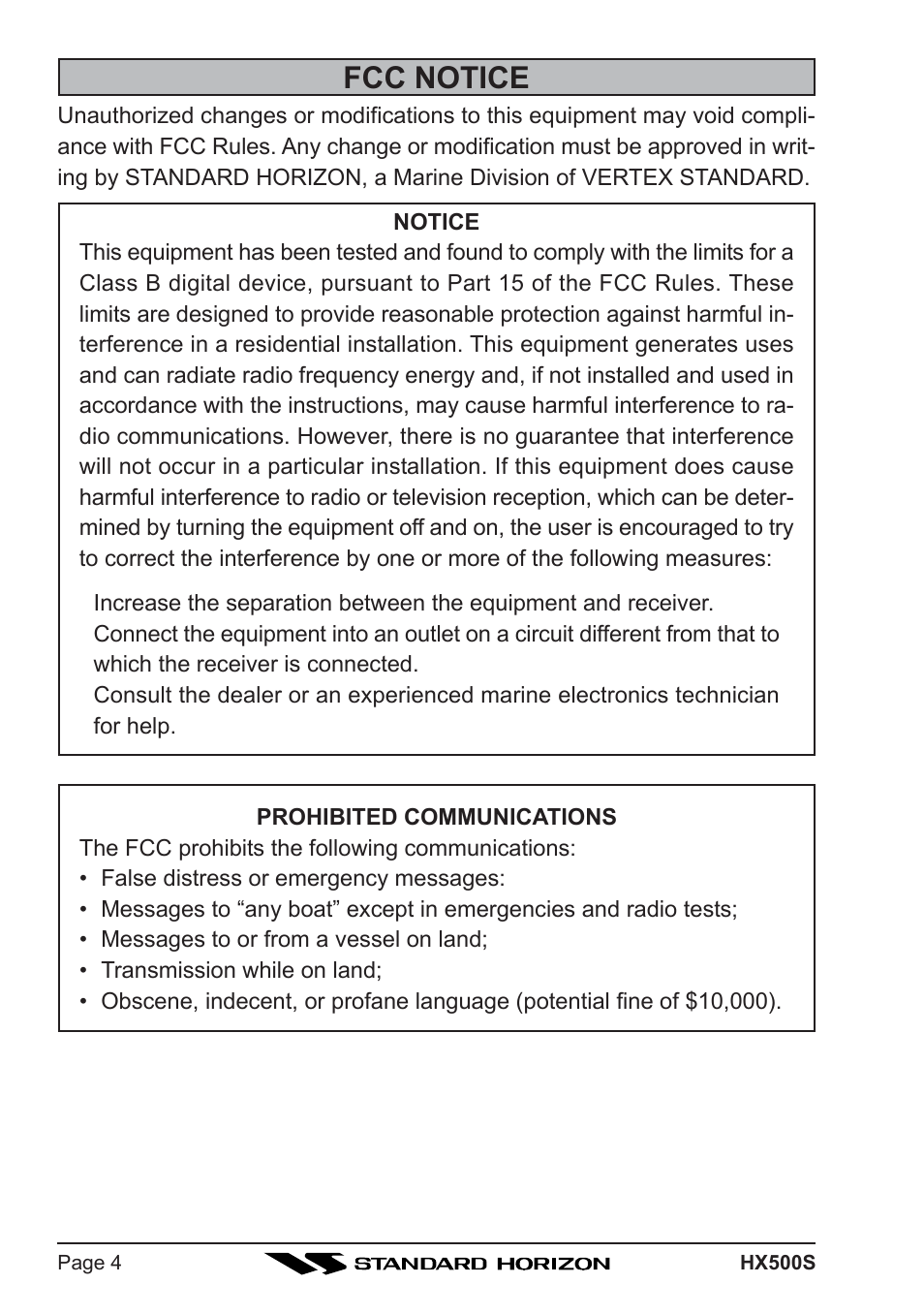 Fcc notice | Standard Horizon Hx500s User Manual | Page 6 / 44