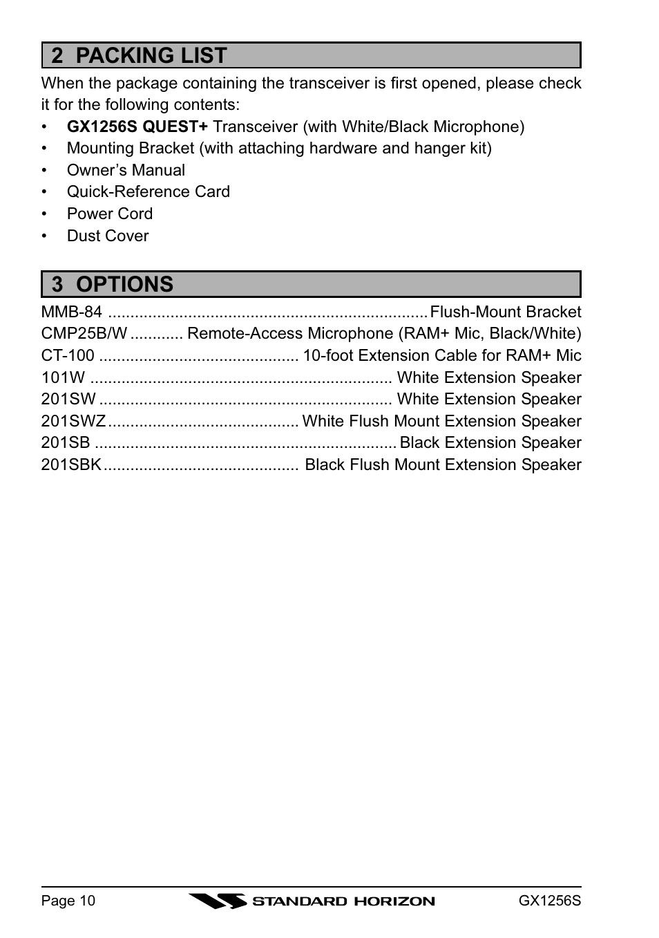 2 packing list, 3 options | Standard Horizon QUEST+ GX1256S User Manual | Page 10 / 72