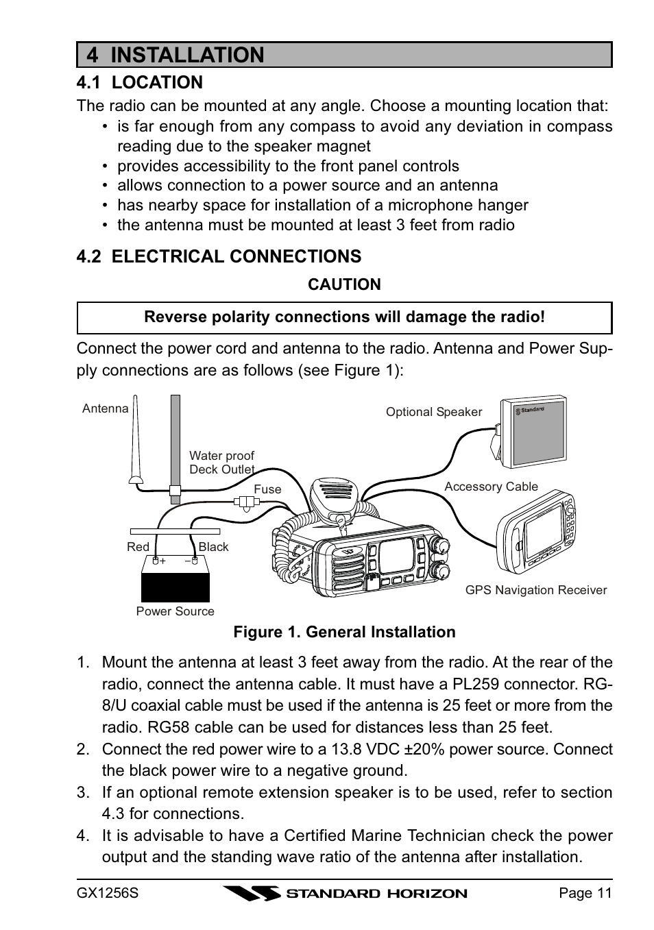 4 installation, 1 location, 2 electrical connections | Standard Horizon QUEST+ GX1256S User Manual | Page 11 / 72