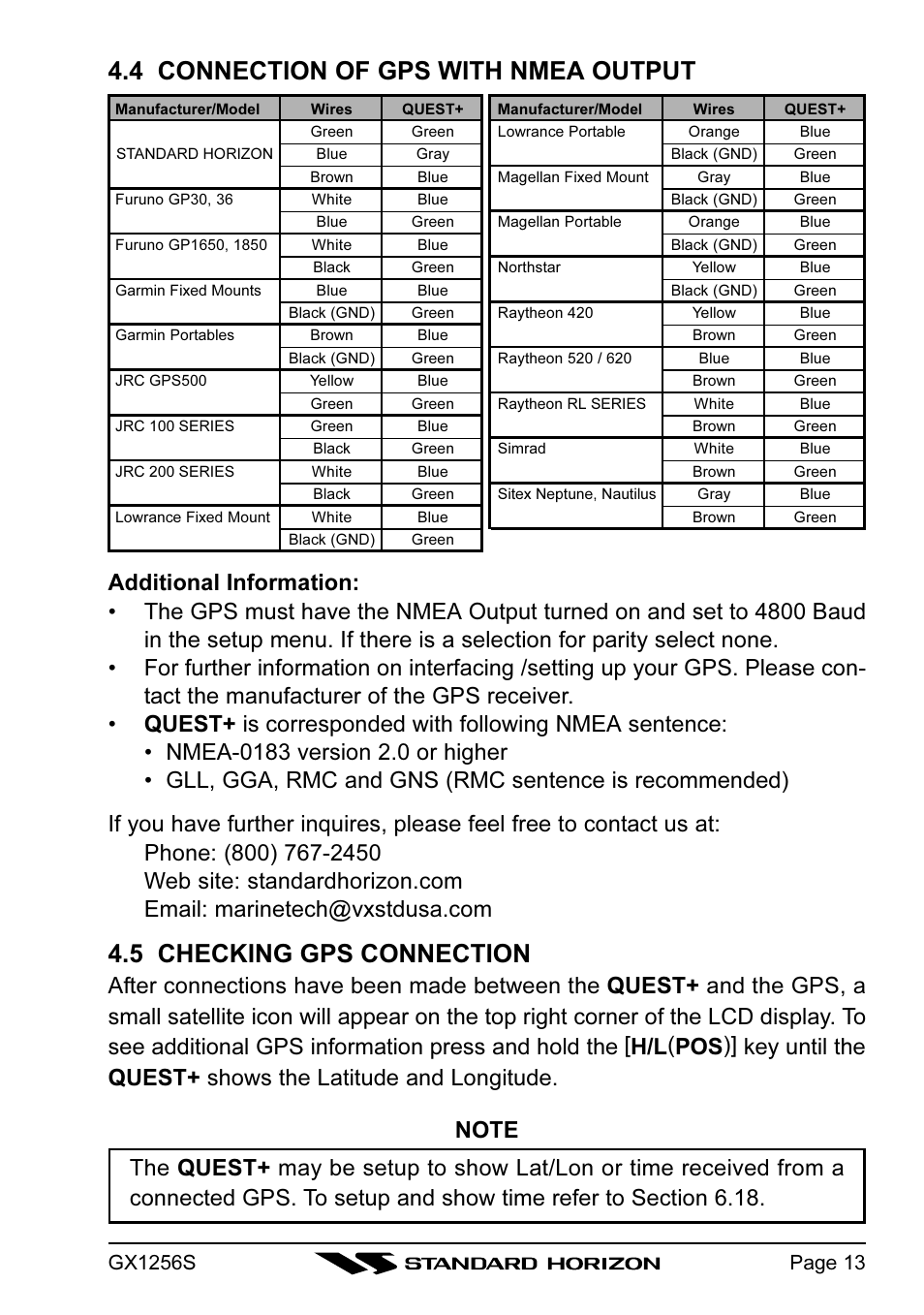 4 connection of gps with nmea output, 5 checking gps connection | Standard Horizon QUEST+ GX1256S User Manual | Page 13 / 72