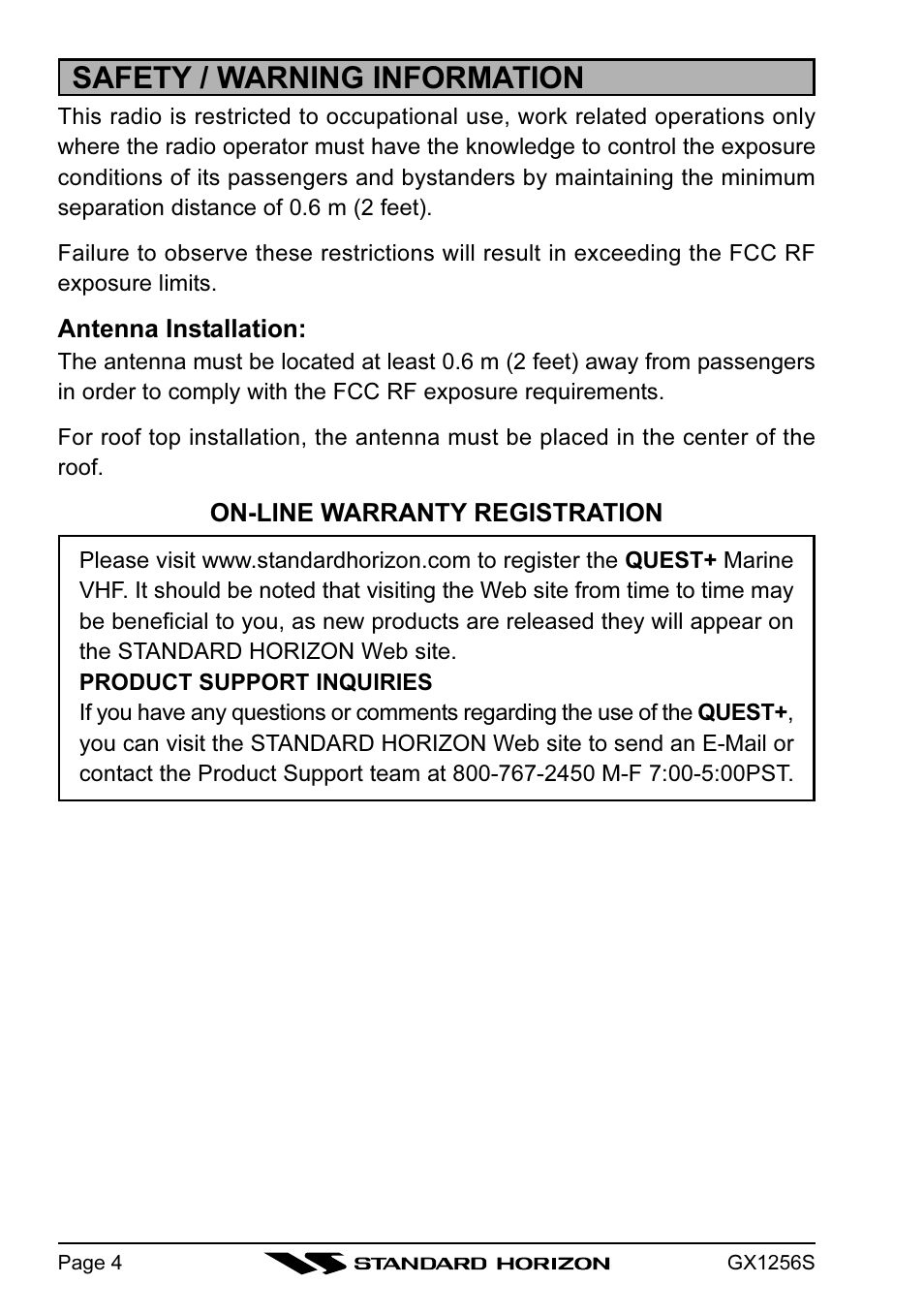 Safety / warning information | Standard Horizon QUEST+ GX1256S User Manual | Page 4 / 72