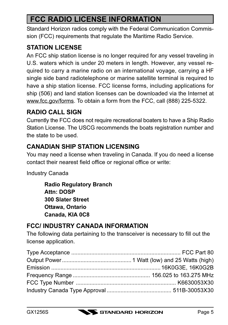 Fcc radio license information | Standard Horizon QUEST+ GX1256S User Manual | Page 5 / 72