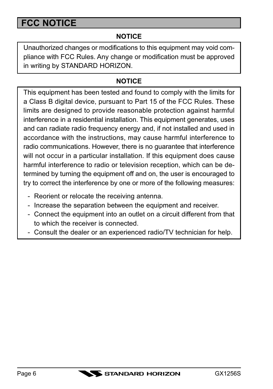 Fcc notice | Standard Horizon QUEST+ GX1256S User Manual | Page 6 / 72