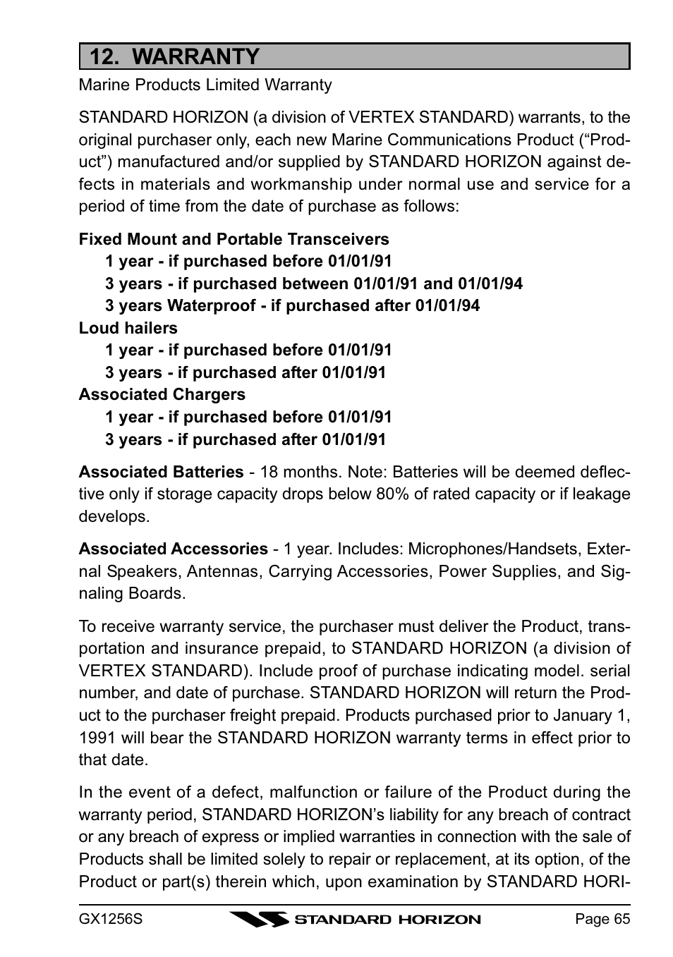 Warranty | Standard Horizon QUEST+ GX1256S User Manual | Page 65 / 72