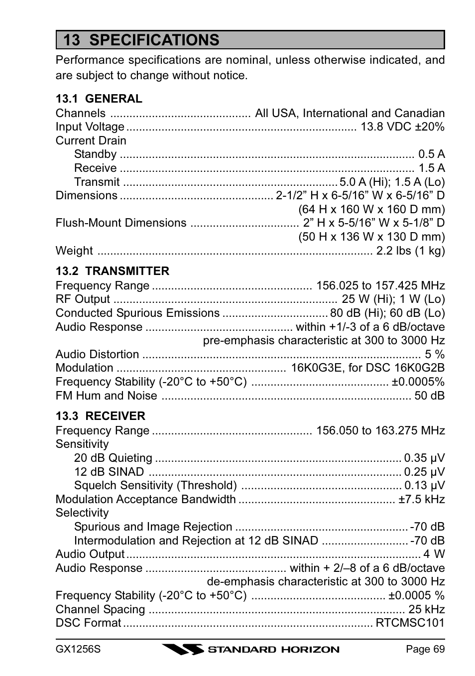 13 specifications | Standard Horizon QUEST+ GX1256S User Manual | Page 69 / 72