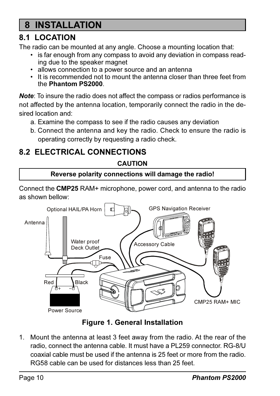 8 installation, 1 location, 2 electrical connections | Standard Horizon PHANTOM Series PS2000 User Manual | Page 10 / 72