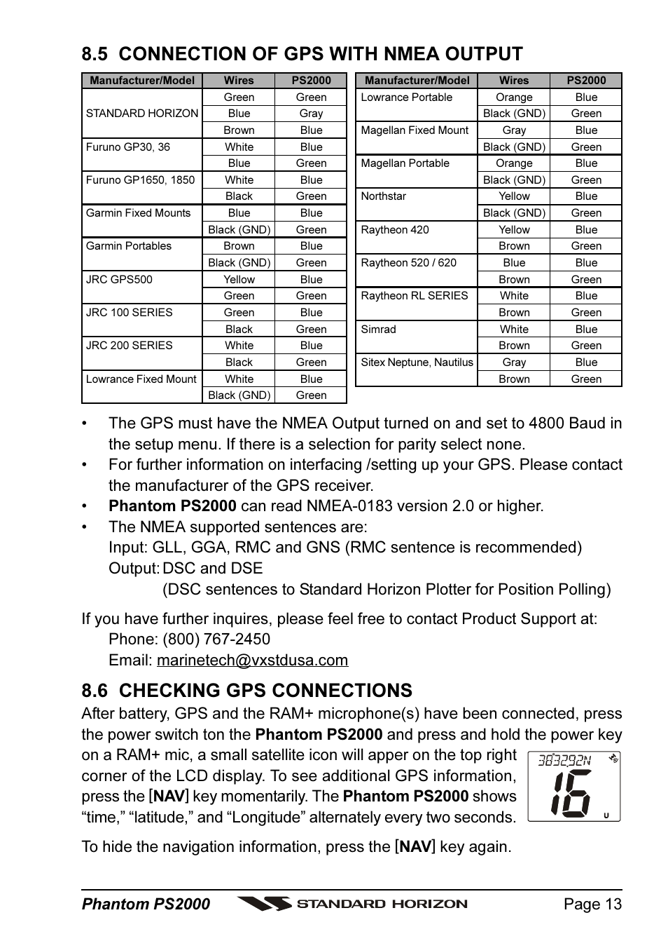 5 connection of gps with nmea output, 6 checking gps connections | Standard Horizon PHANTOM Series PS2000 User Manual | Page 13 / 72