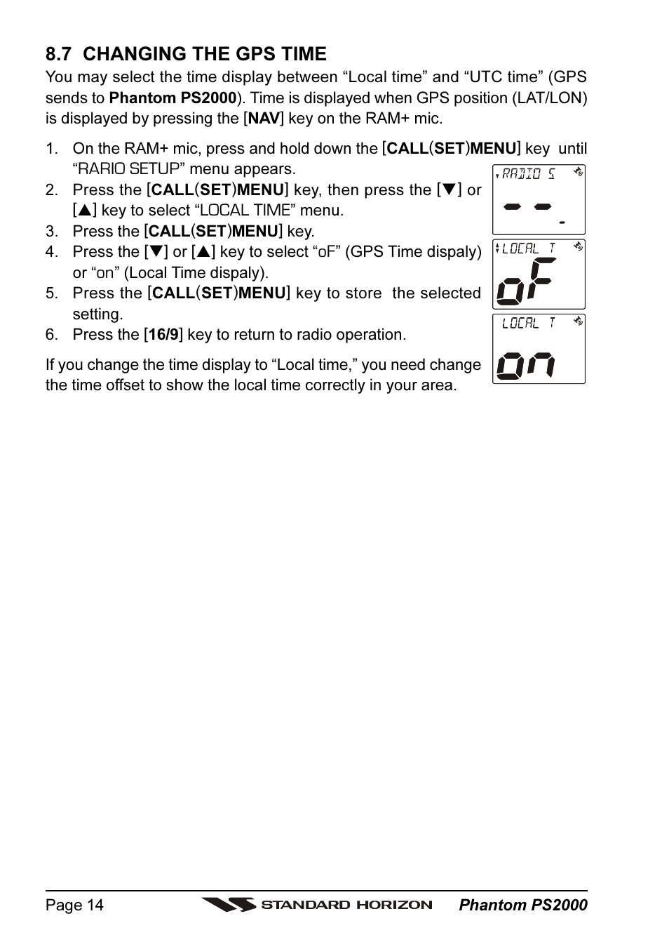 7 changing the gps time | Standard Horizon PHANTOM Series PS2000 User Manual | Page 14 / 72