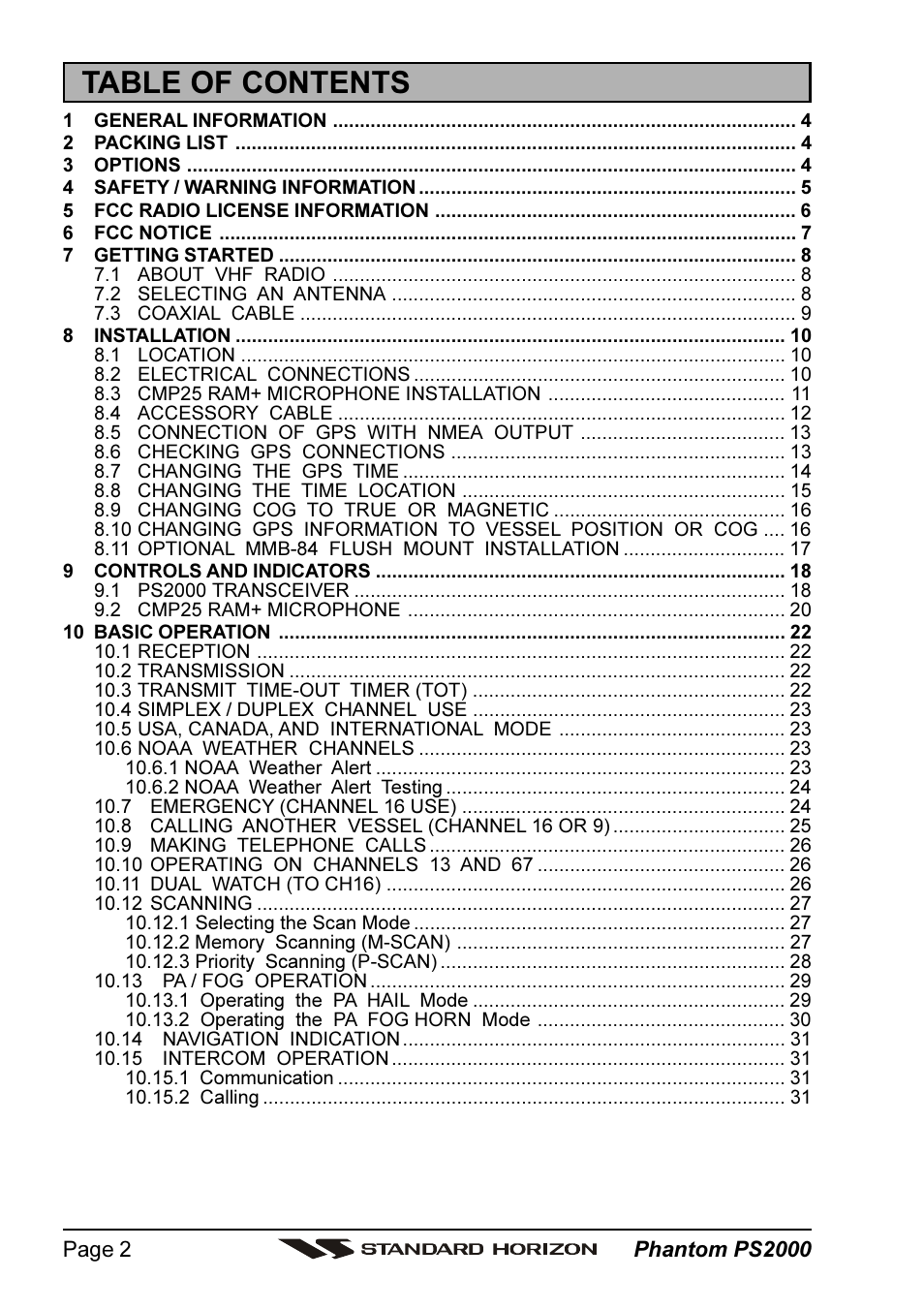 Standard Horizon PHANTOM Series PS2000 User Manual | Page 2 / 72