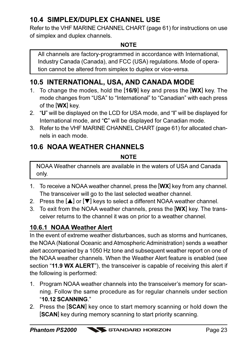 4 simplex/duplex channel use, 5 international, usa, and canada mode, 6 noaa weather channels | Standard Horizon PHANTOM Series PS2000 User Manual | Page 23 / 72