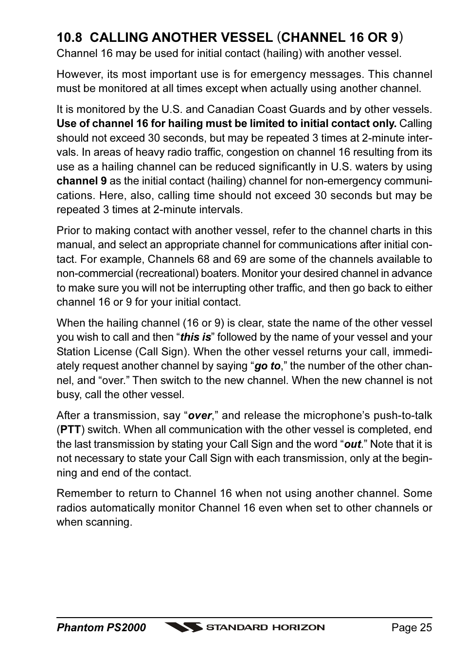 8 calling another vessel (channel 16 or 9) | Standard Horizon PHANTOM Series PS2000 User Manual | Page 25 / 72