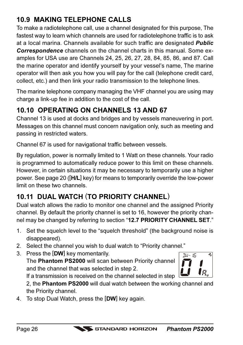 9 making telephone calls, 11 dual watch (to priority channel) | Standard Horizon PHANTOM Series PS2000 User Manual | Page 26 / 72