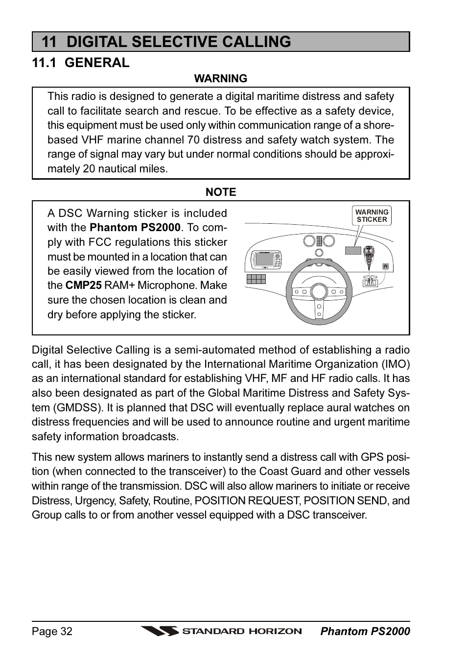 11 digital selective calling, 1 general | Standard Horizon PHANTOM Series PS2000 User Manual | Page 32 / 72