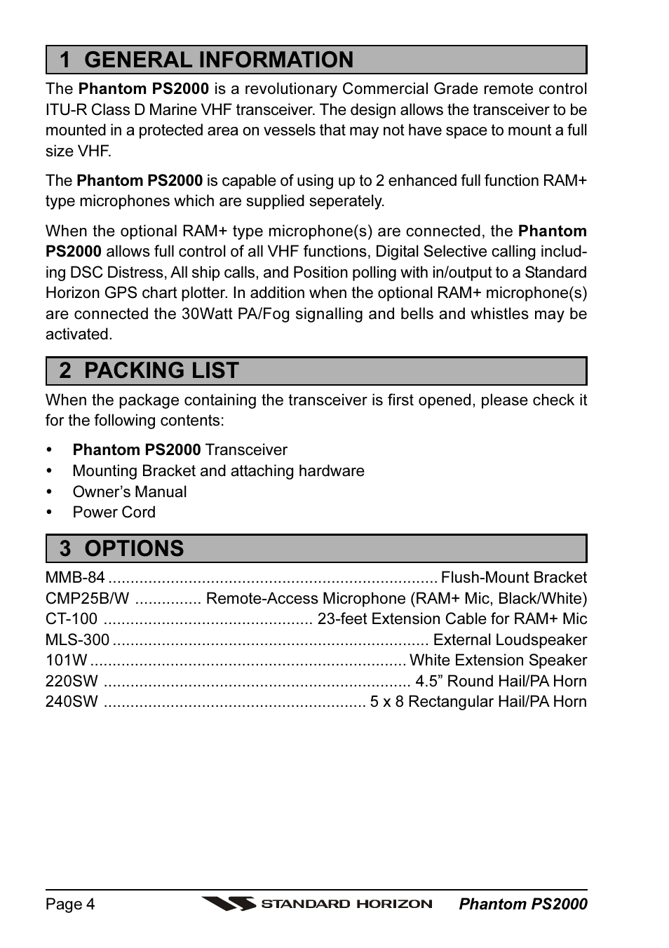 1 general information, 2 packing list, 3 options | Standard Horizon PHANTOM Series PS2000 User Manual | Page 4 / 72