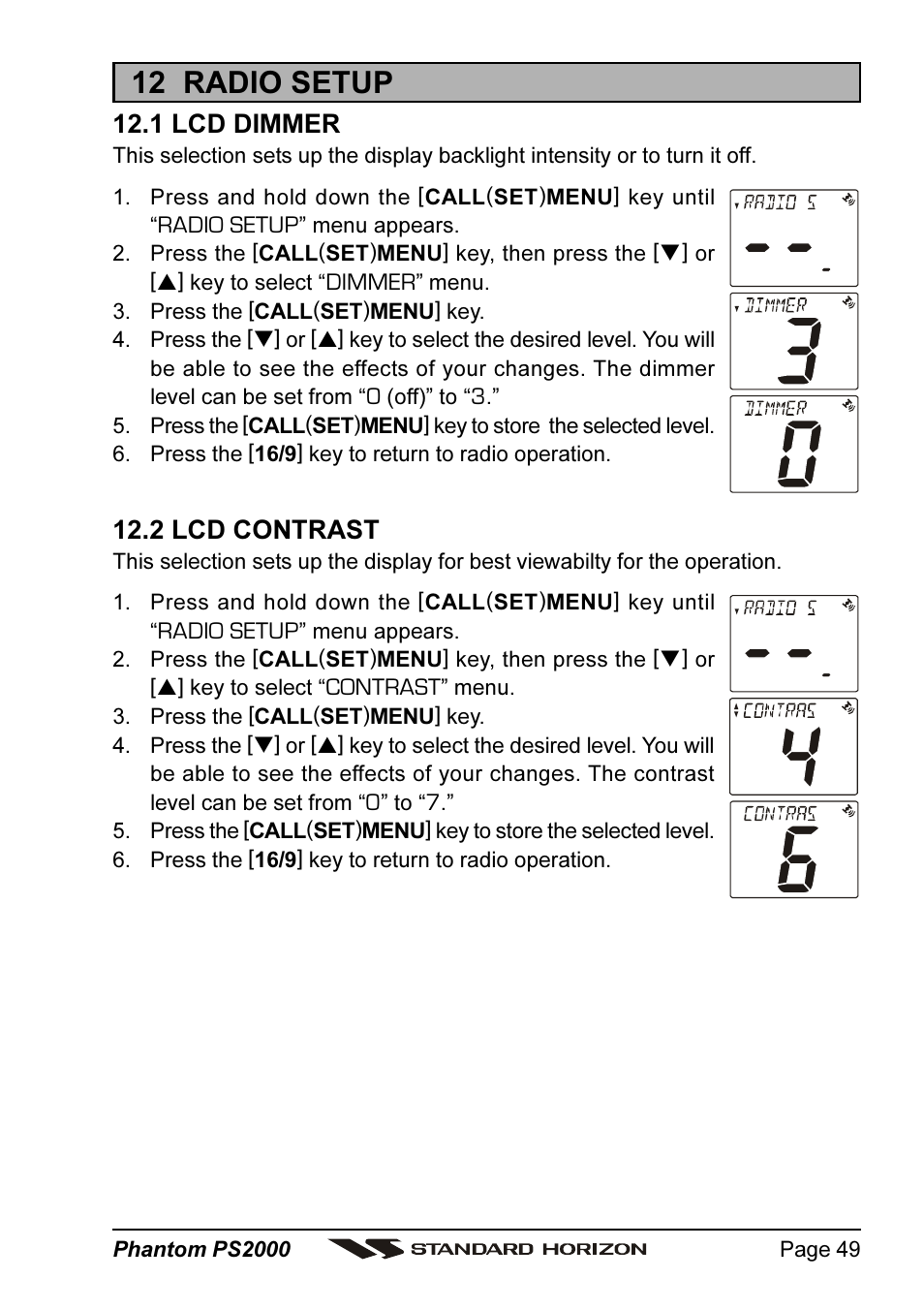 12 radio setup, 1 lcd dimmer, 2 lcd contrast | Standard Horizon PHANTOM Series PS2000 User Manual | Page 49 / 72
