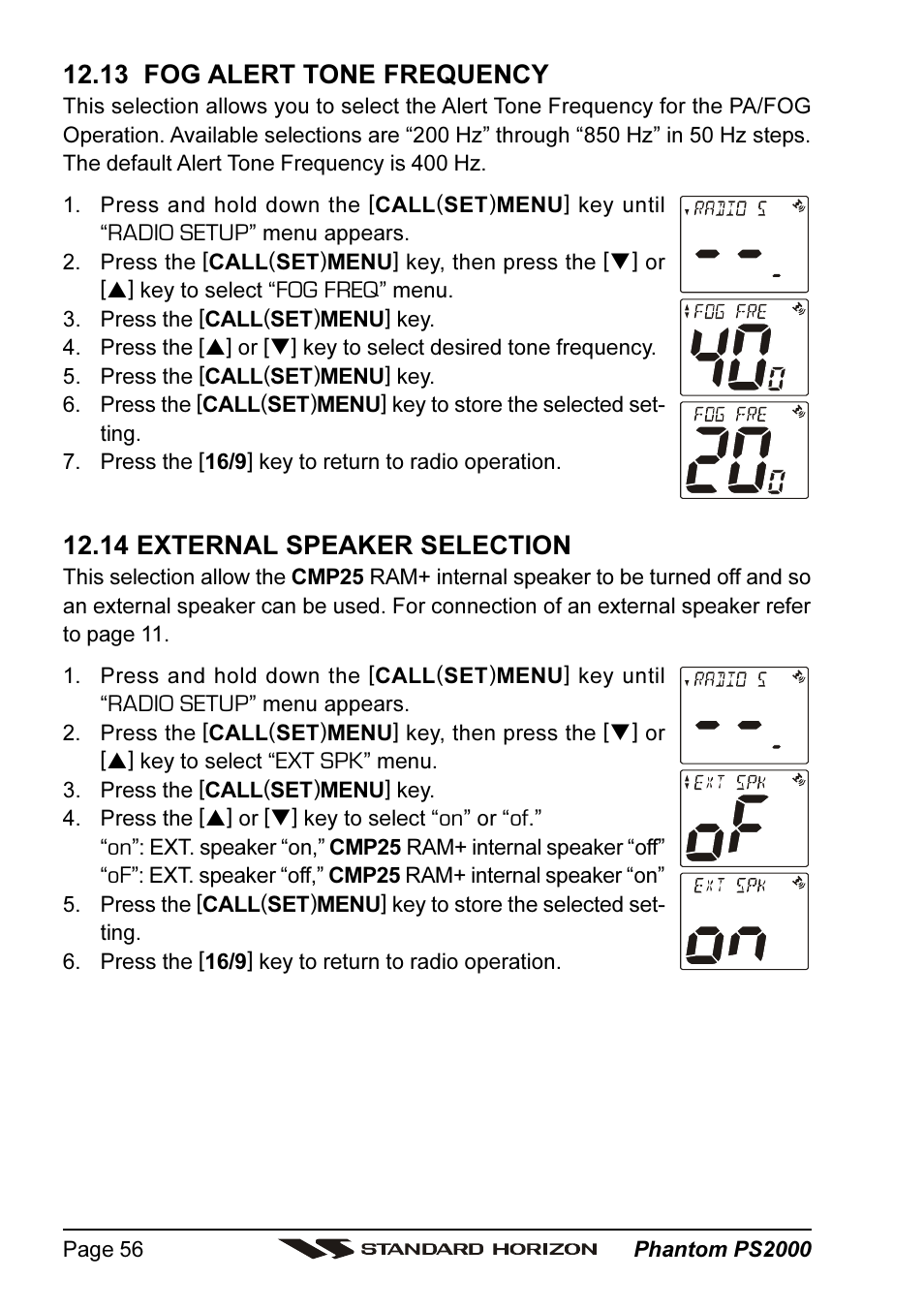 13 fog alert tone frequency, 14 external speaker selection | Standard Horizon PHANTOM Series PS2000 User Manual | Page 56 / 72