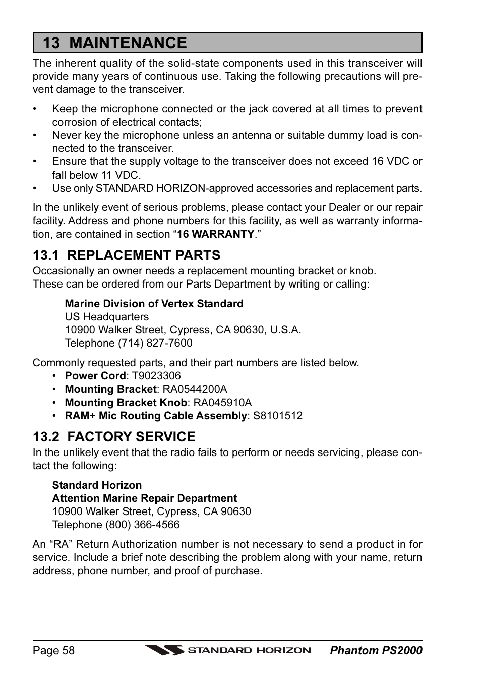 13 maintenance, 1 replacement parts, 2 factory service | Standard Horizon PHANTOM Series PS2000 User Manual | Page 58 / 72