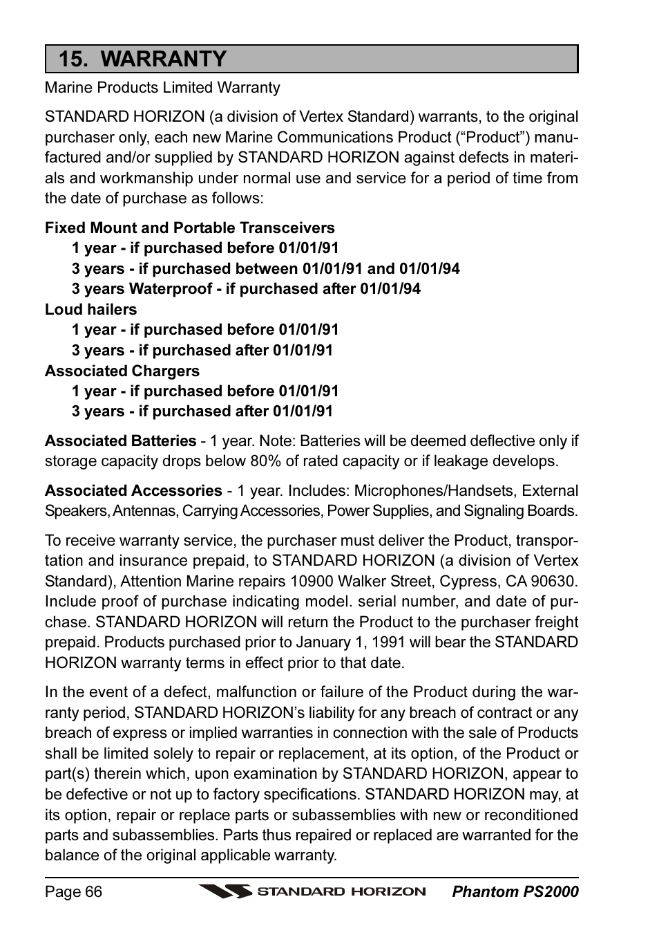 Warranty | Standard Horizon PHANTOM Series PS2000 User Manual | Page 66 / 72