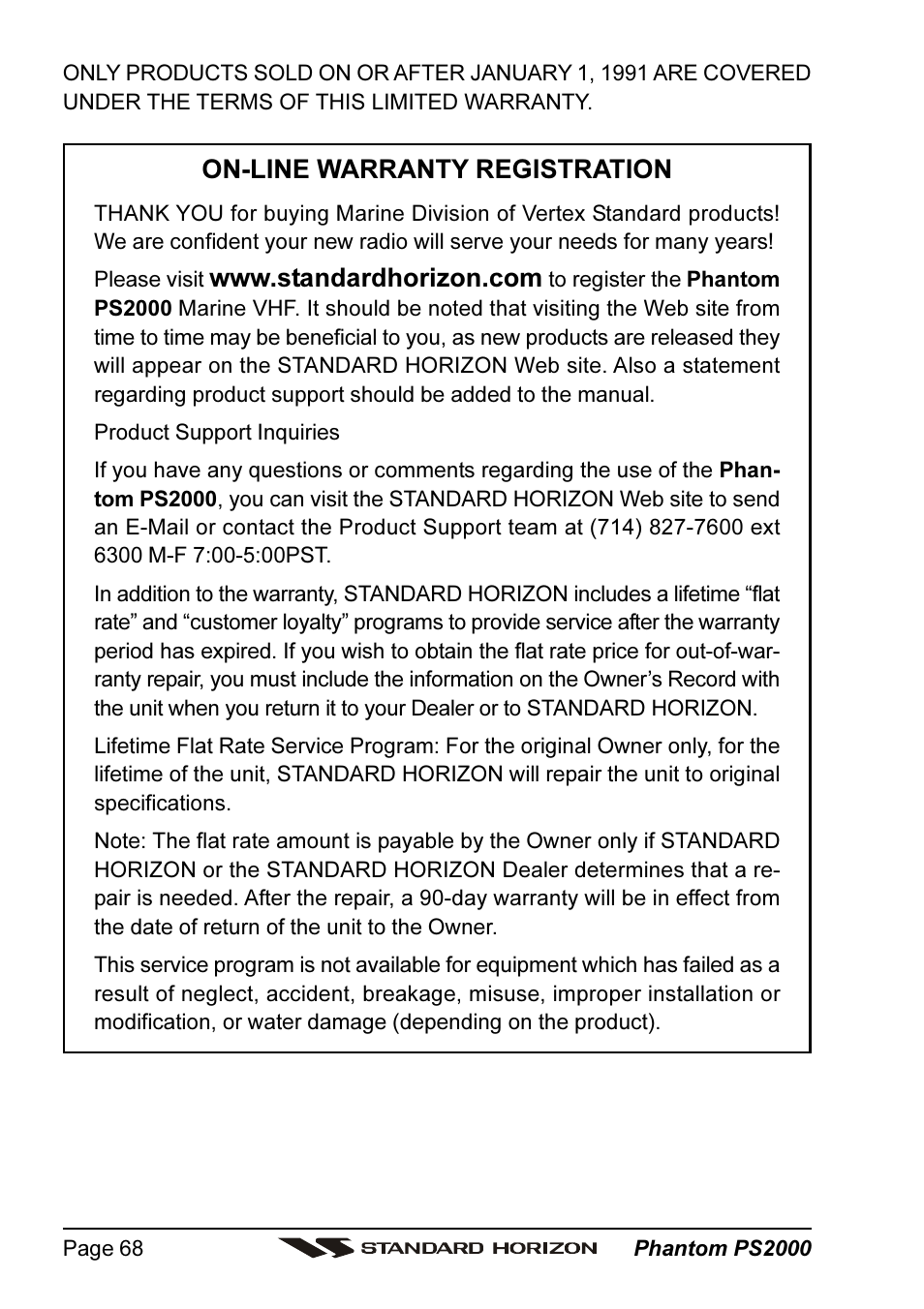 On-line warranty registration | Standard Horizon PHANTOM Series PS2000 User Manual | Page 68 / 72