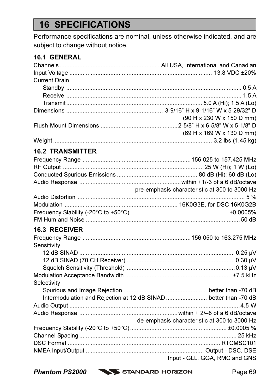 16 specifications | Standard Horizon PHANTOM Series PS2000 User Manual | Page 69 / 72