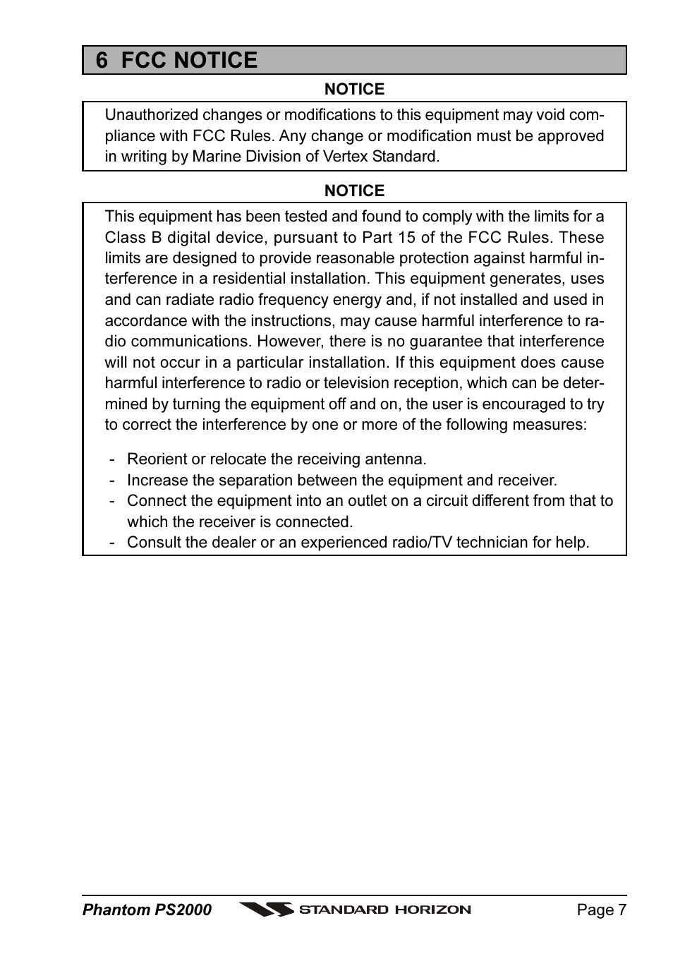 6 fcc notice | Standard Horizon PHANTOM Series PS2000 User Manual | Page 7 / 72