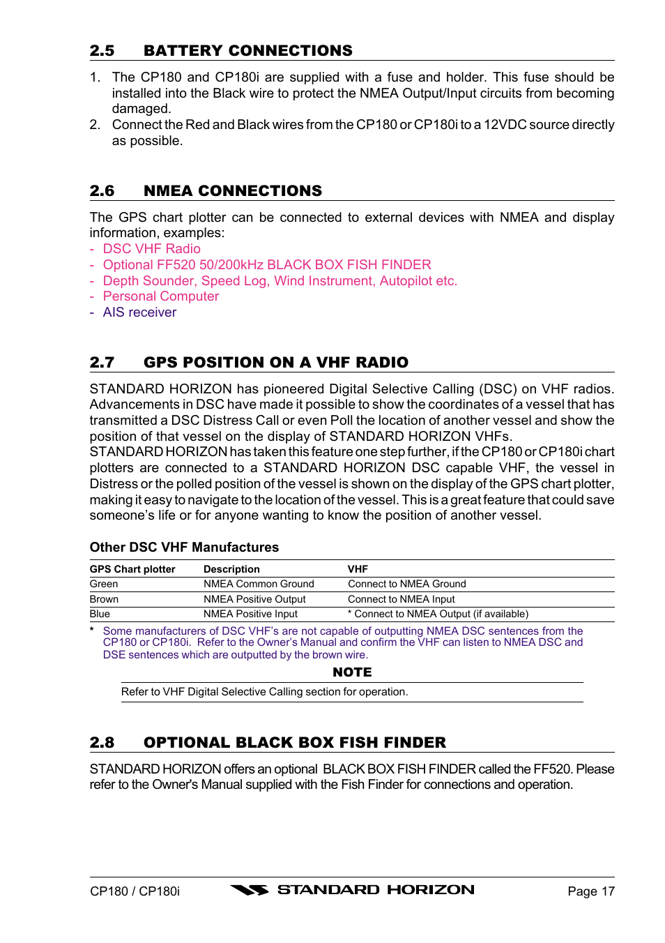 5 battery connections, 6 nmea connections, 7 gps position on a vhf radio | 8 optional black box fish finder | Standard Horizon CP180 User Manual | Page 15 / 92