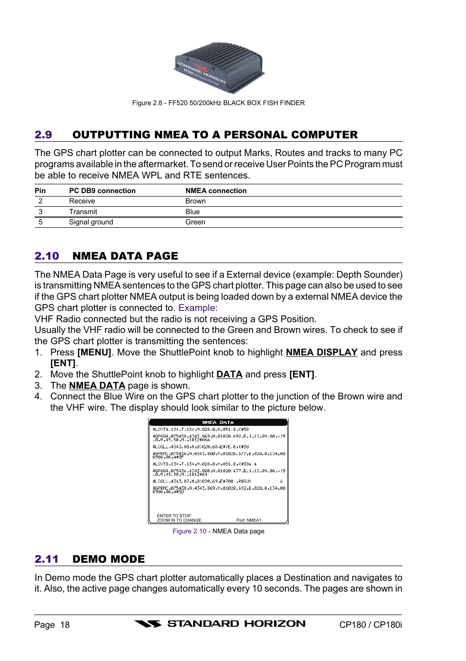 9 outputting nmea to a personal computer, 10 nmea data page, 11 demo mode | Standard Horizon CP180 User Manual | Page 16 / 92