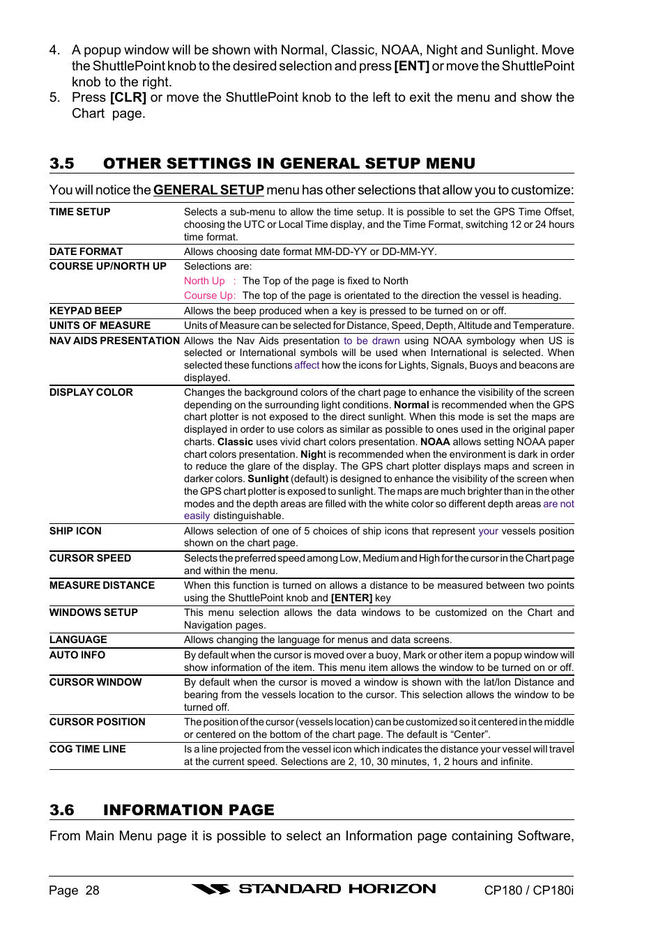 5 other settings in general setup menu, 6 information page | Standard Horizon CP180 User Manual | Page 26 / 92