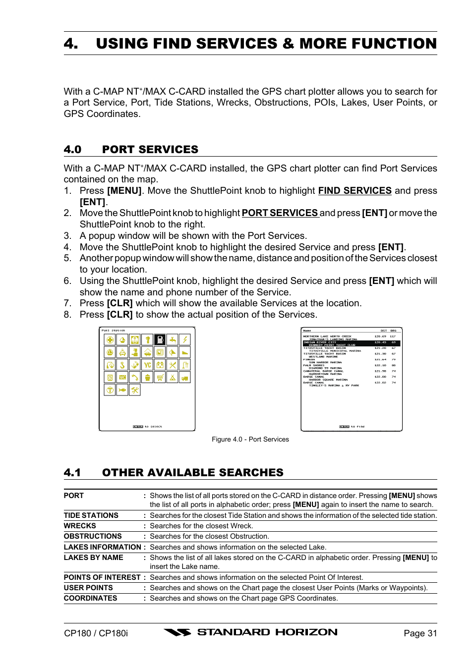 Using find services & more function, 0 port services, 1 other available searches | Standard Horizon CP180 User Manual | Page 29 / 92