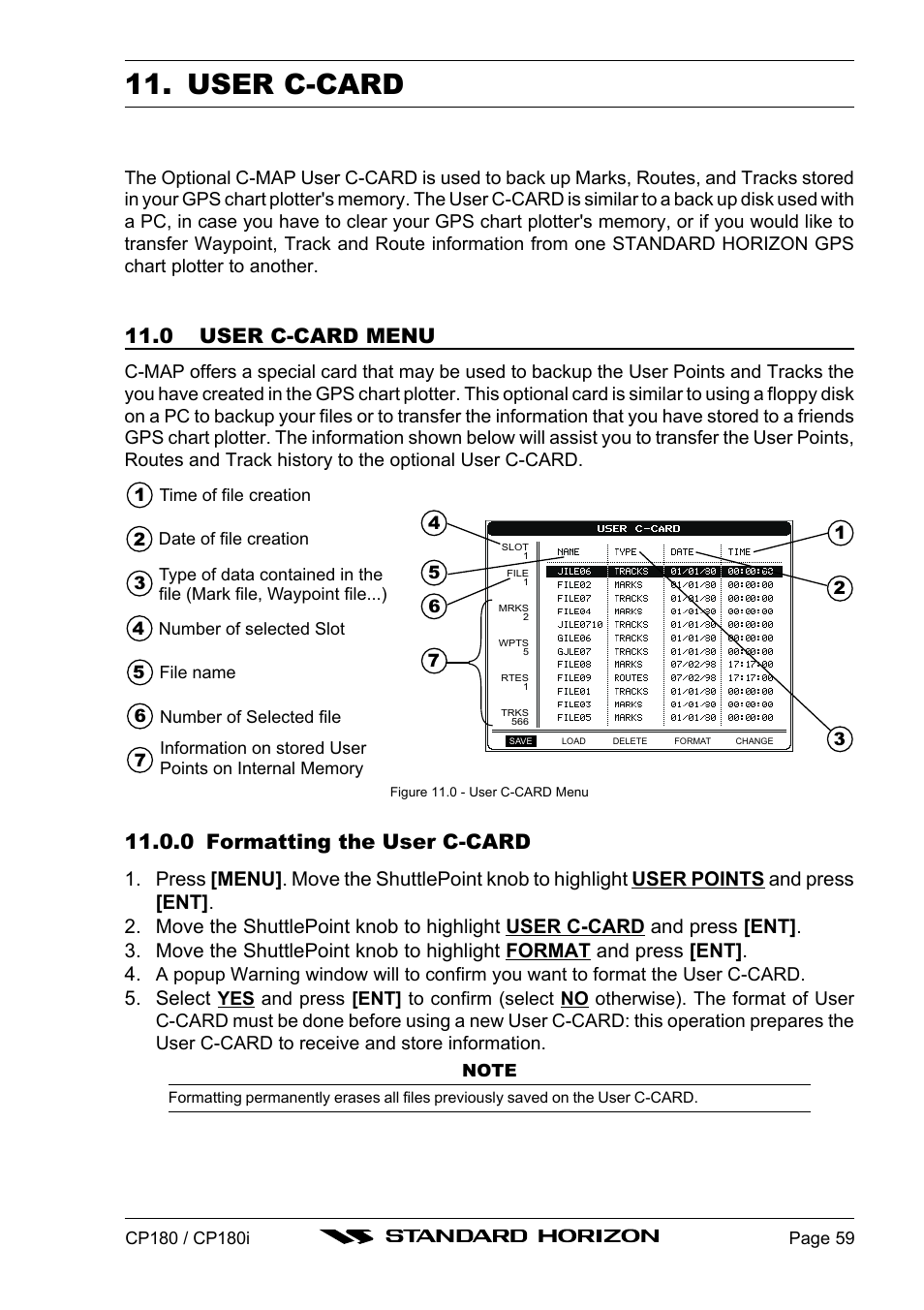 User c-card, 0 user c-card menu, 0 formatting the user c-card | Select | Standard Horizon CP180 User Manual | Page 57 / 92