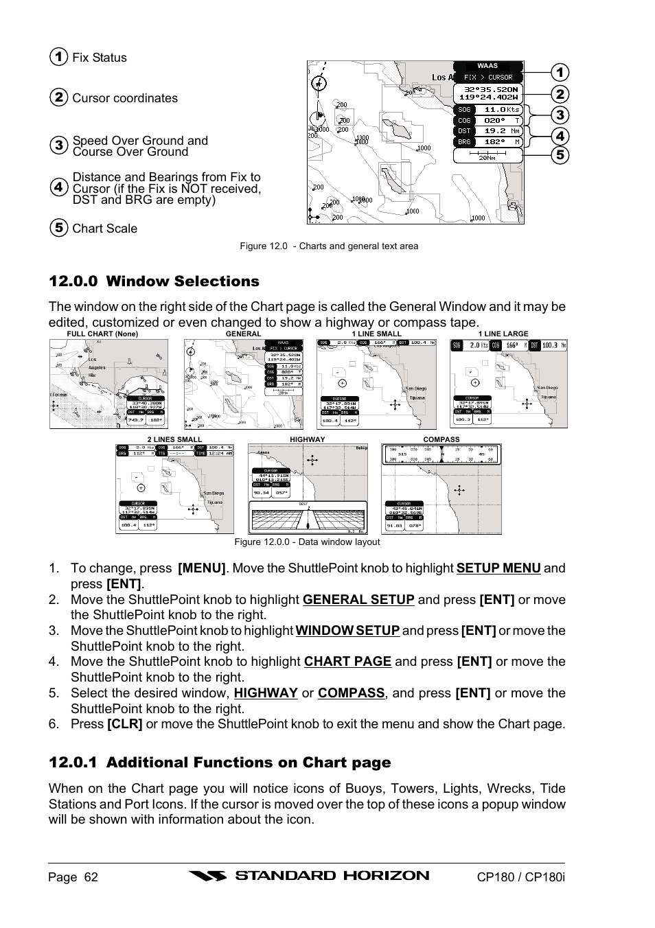 0 window selections, 1 additional functions on chart page | Standard Horizon CP180 User Manual | Page 60 / 92