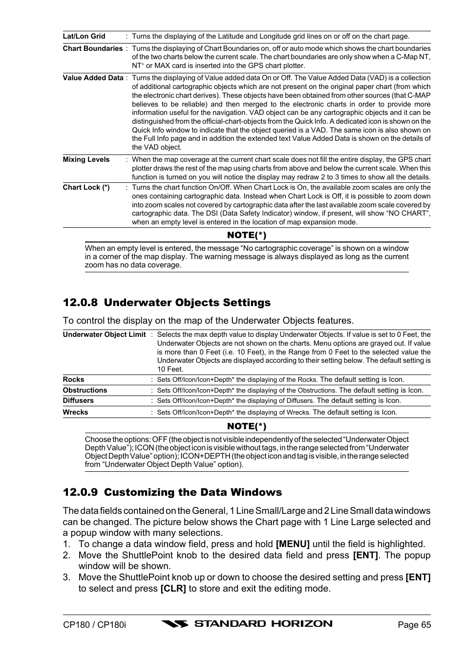 8 underwater objects settings, 9 customizing the data windows | Standard Horizon CP180 User Manual | Page 63 / 92