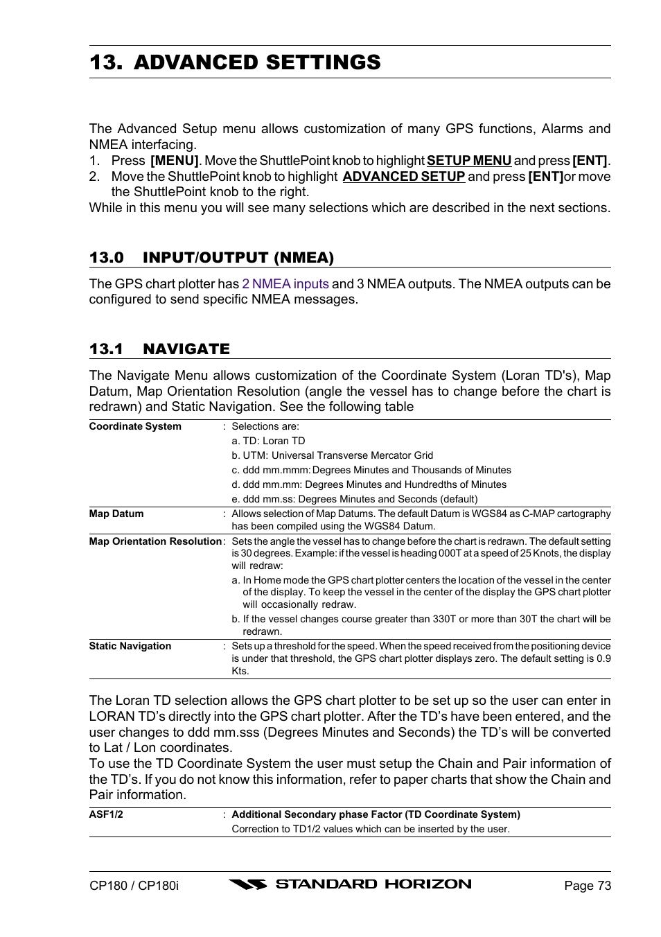 Advanced settings, 0 input/output (nmea), 1 navigate | Standard Horizon CP180 User Manual | Page 71 / 92