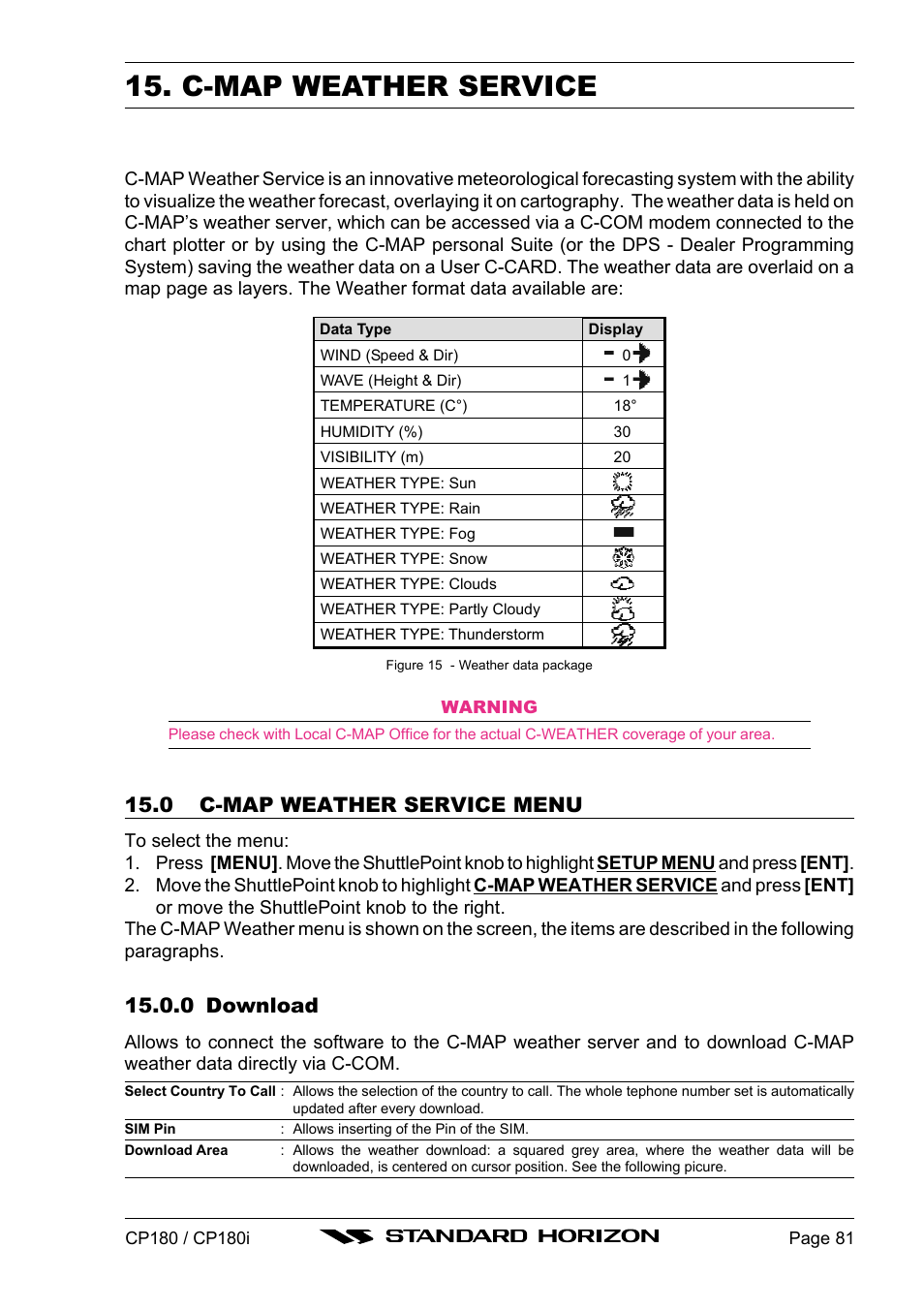 C-map weather service, 0 c-map weather service menu, 0 download | Standard Horizon CP180 User Manual | Page 79 / 92