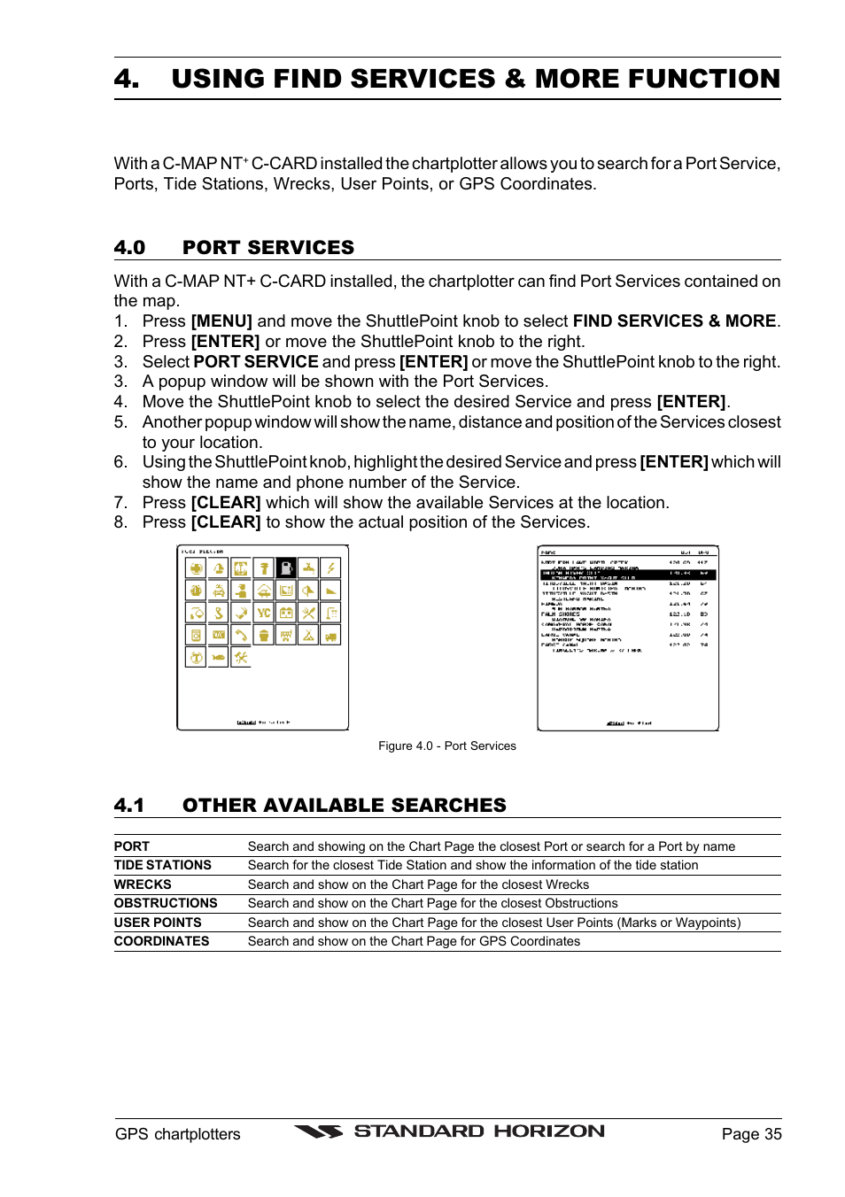 Using find services & more function, 0 port services, 1 other available searches | Standard Horizon CP1000C User Manual | Page 33 / 82