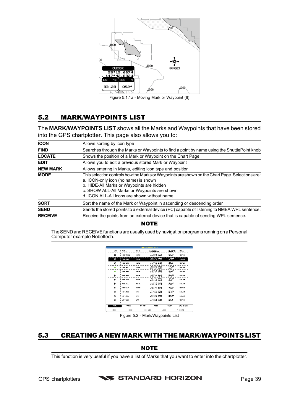 2 mark/waypoints list, 3 creating a new mark with the mark/waypoints list | Standard Horizon CP1000C User Manual | Page 37 / 82