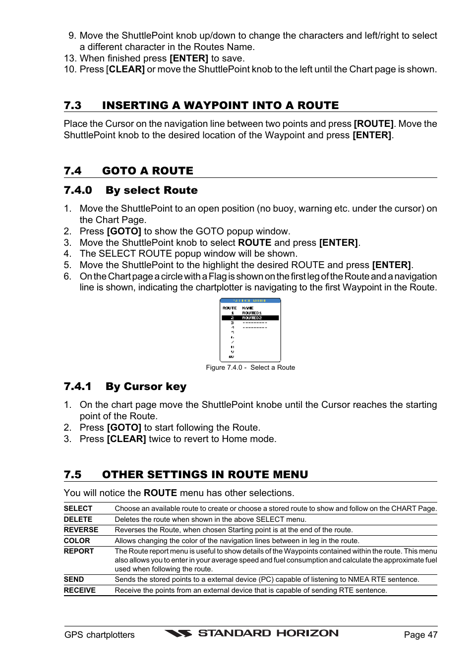 3 inserting a waypoint into a route, 4 goto a route 7.4.0 by select route, 1 by cursor key | 5 other settings in route menu | Standard Horizon CP1000C User Manual | Page 45 / 82