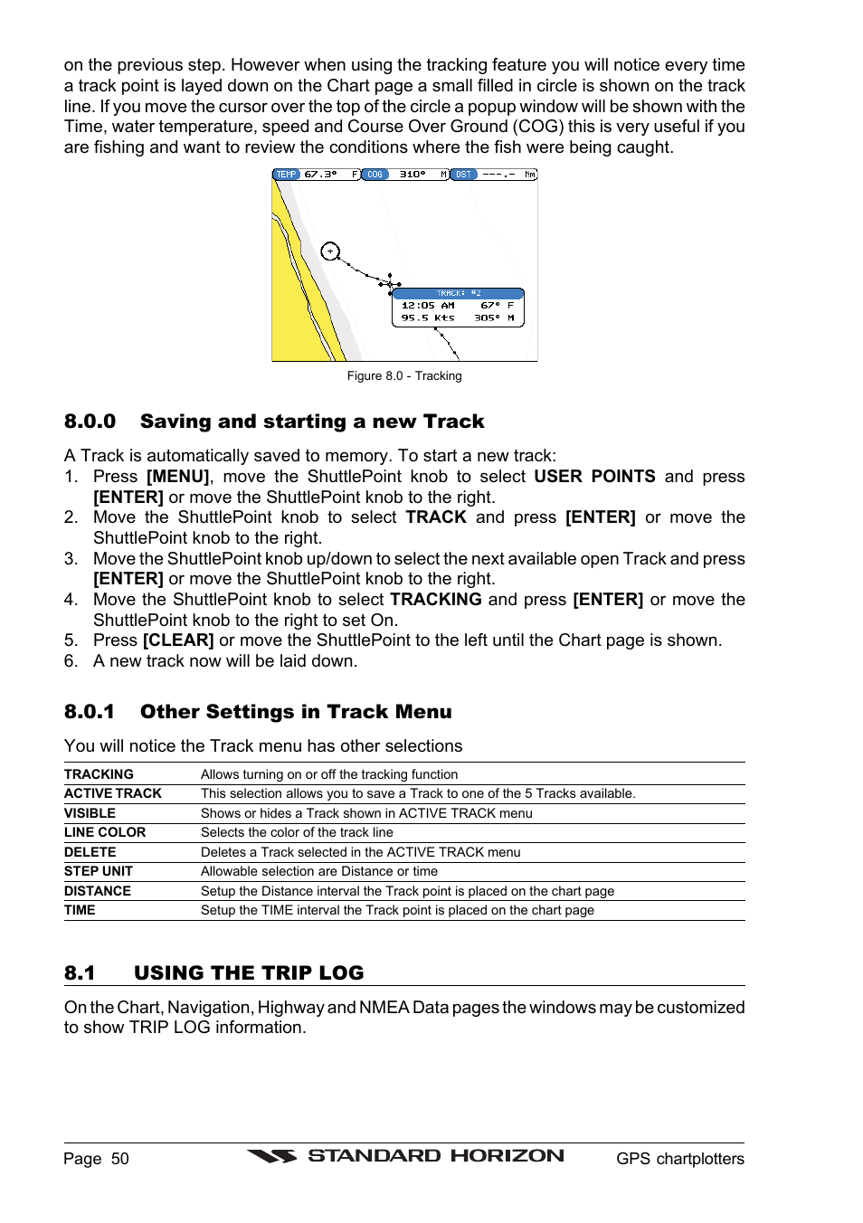 0 saving and starting a new track, 1 other settings in track menu, 1 using the trip log | Standard Horizon CP1000C User Manual | Page 48 / 82