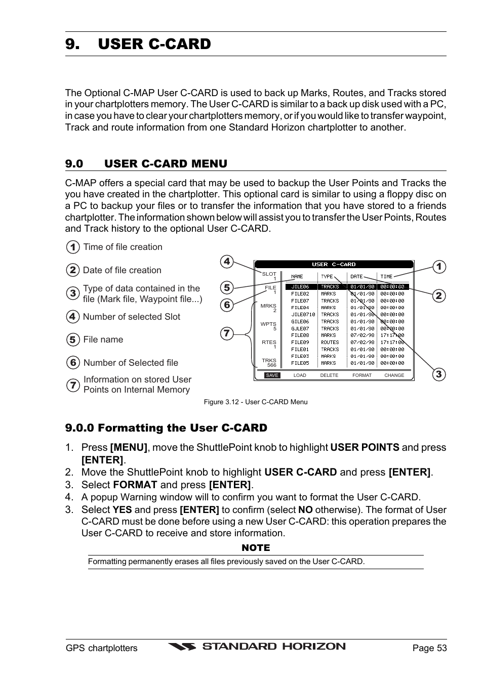 User c-card, 0 user c-card menu, 0 formatting the user c-card | Select | Standard Horizon CP1000C User Manual | Page 51 / 82