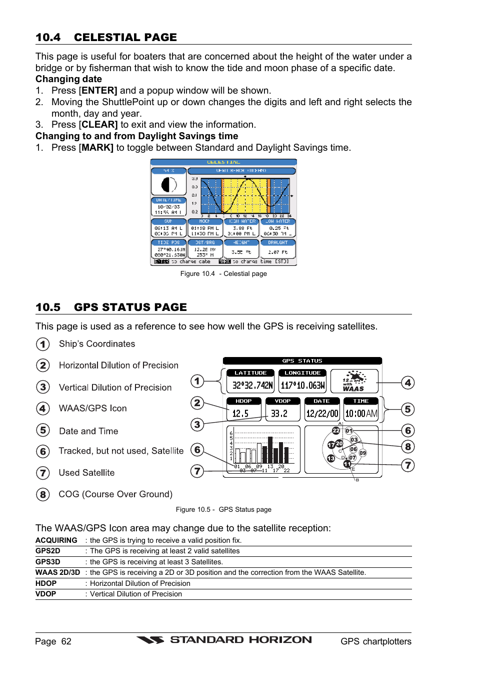 4 celestial page, 5 gps status page | Standard Horizon CP1000C User Manual | Page 60 / 82