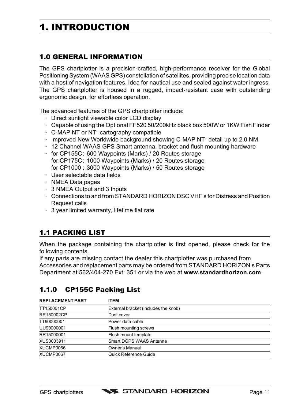 Introduction, 0 general information, 1 packing list | 0 cp155c packing list | Standard Horizon CP1000C User Manual | Page 9 / 82